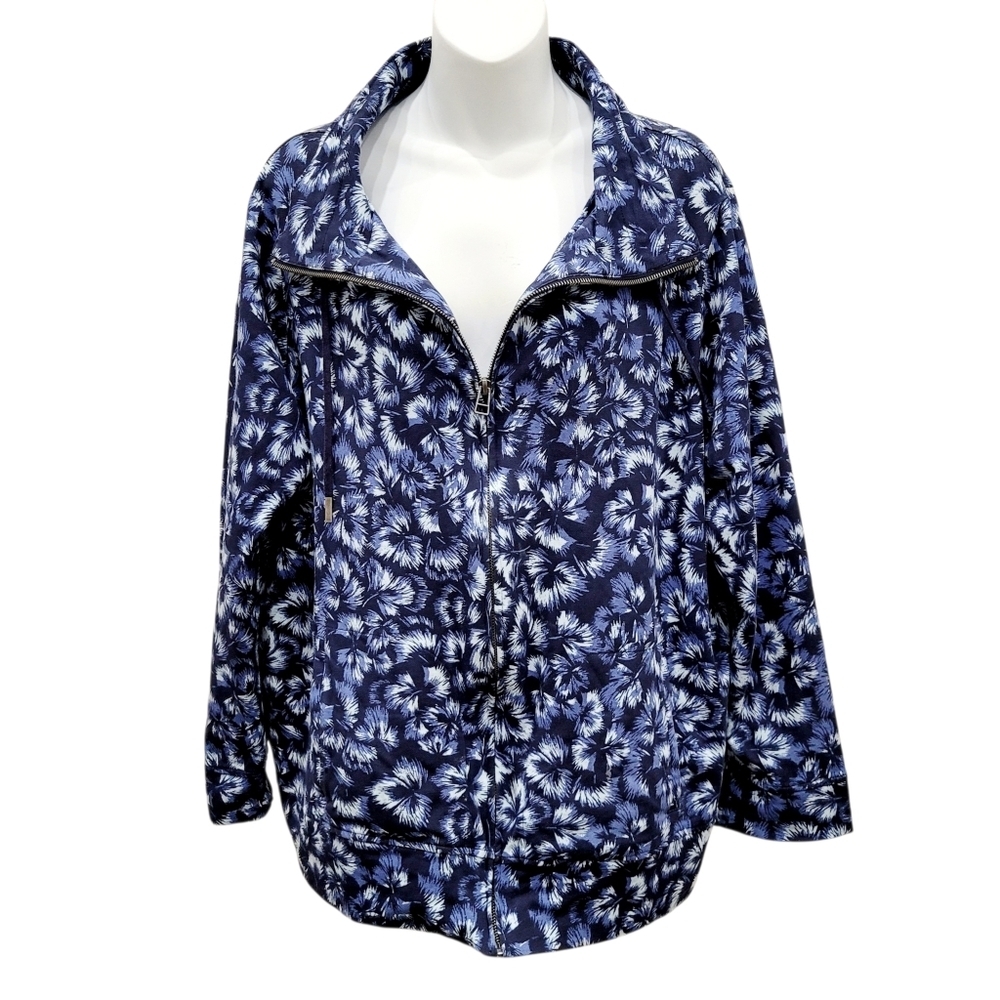 Basic Editions Blue & White Floral Pattern Zip Up Jacket Size: 1X